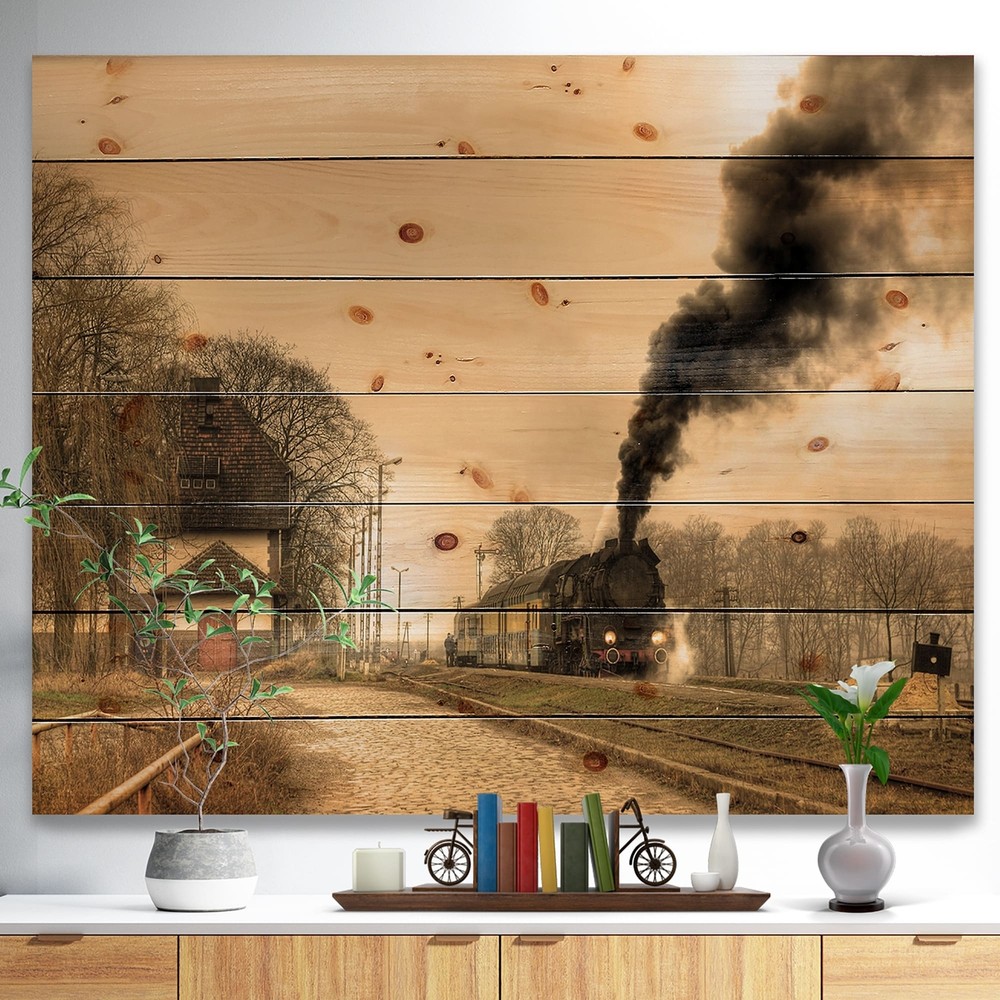 Designart 'Retro Steam Train' Vintage Print on Natural Pine  Small