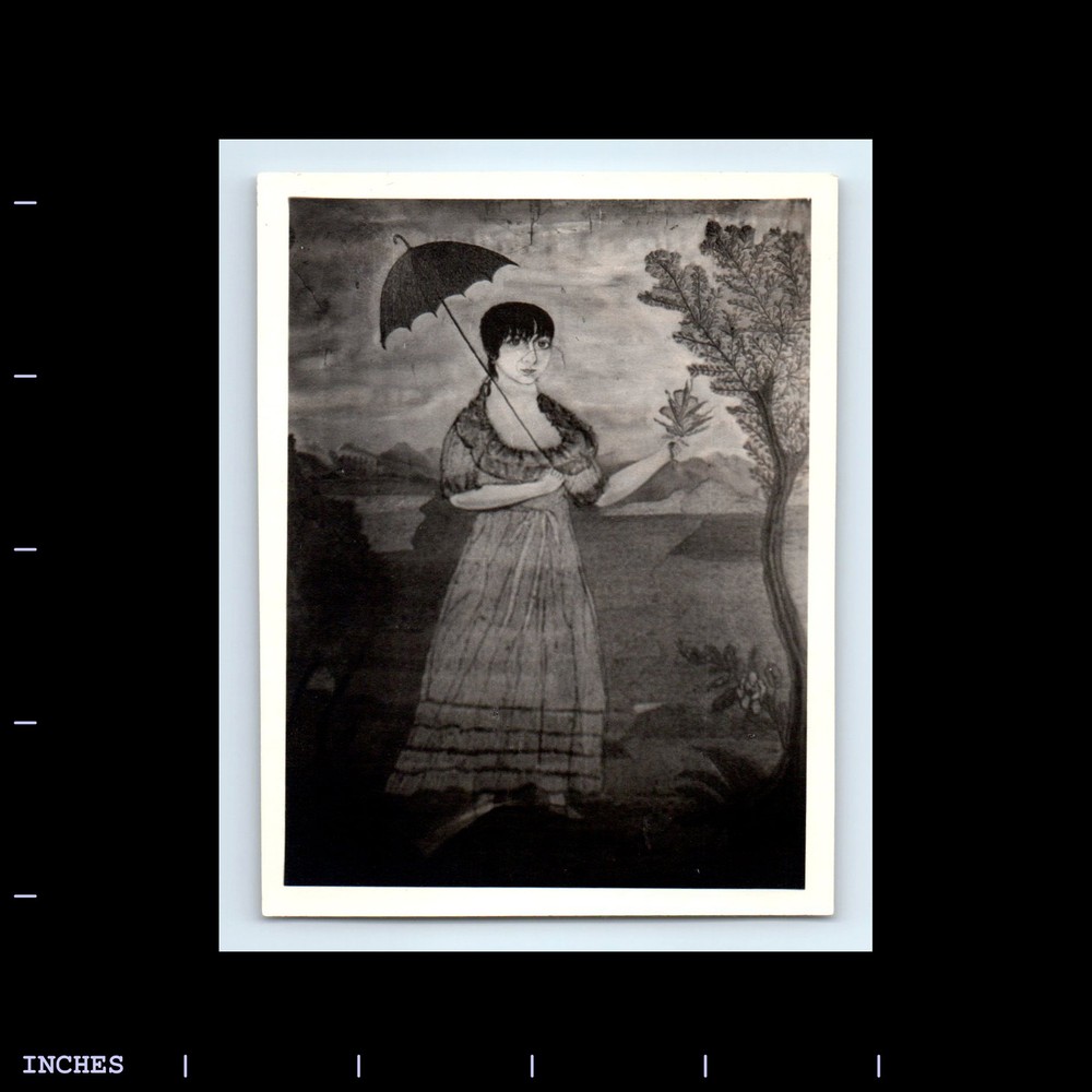 Vintage Folk Art Painting of Woman with Umbrella
