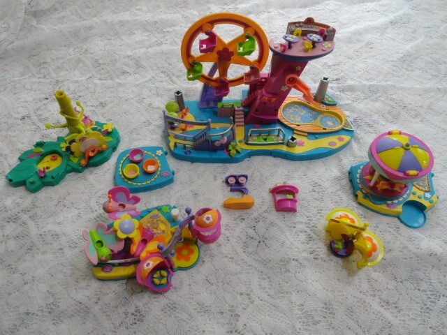 2002 Polly Pocket Playsets- Amusement Park, Carousel, Butterfly Ride, Flying Sch