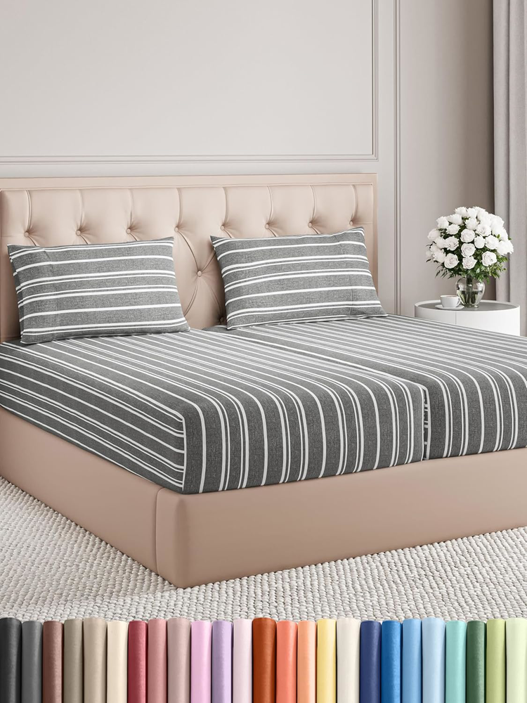 Split King Cooling Sheet Set – Luxury Soft Breathable Grey Stripes 5-Piece