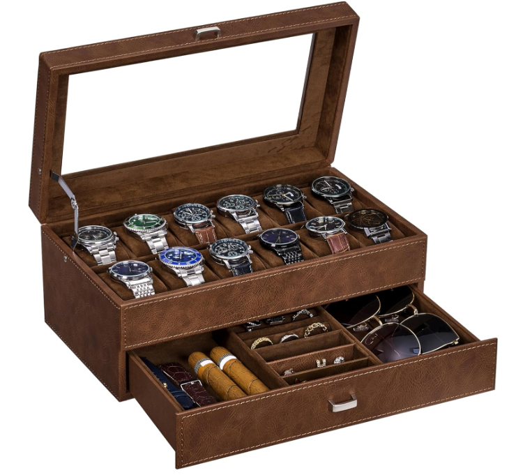 Caja organizadora para relojes con 12 ranuras, doble capa y tapa de vidrio grand