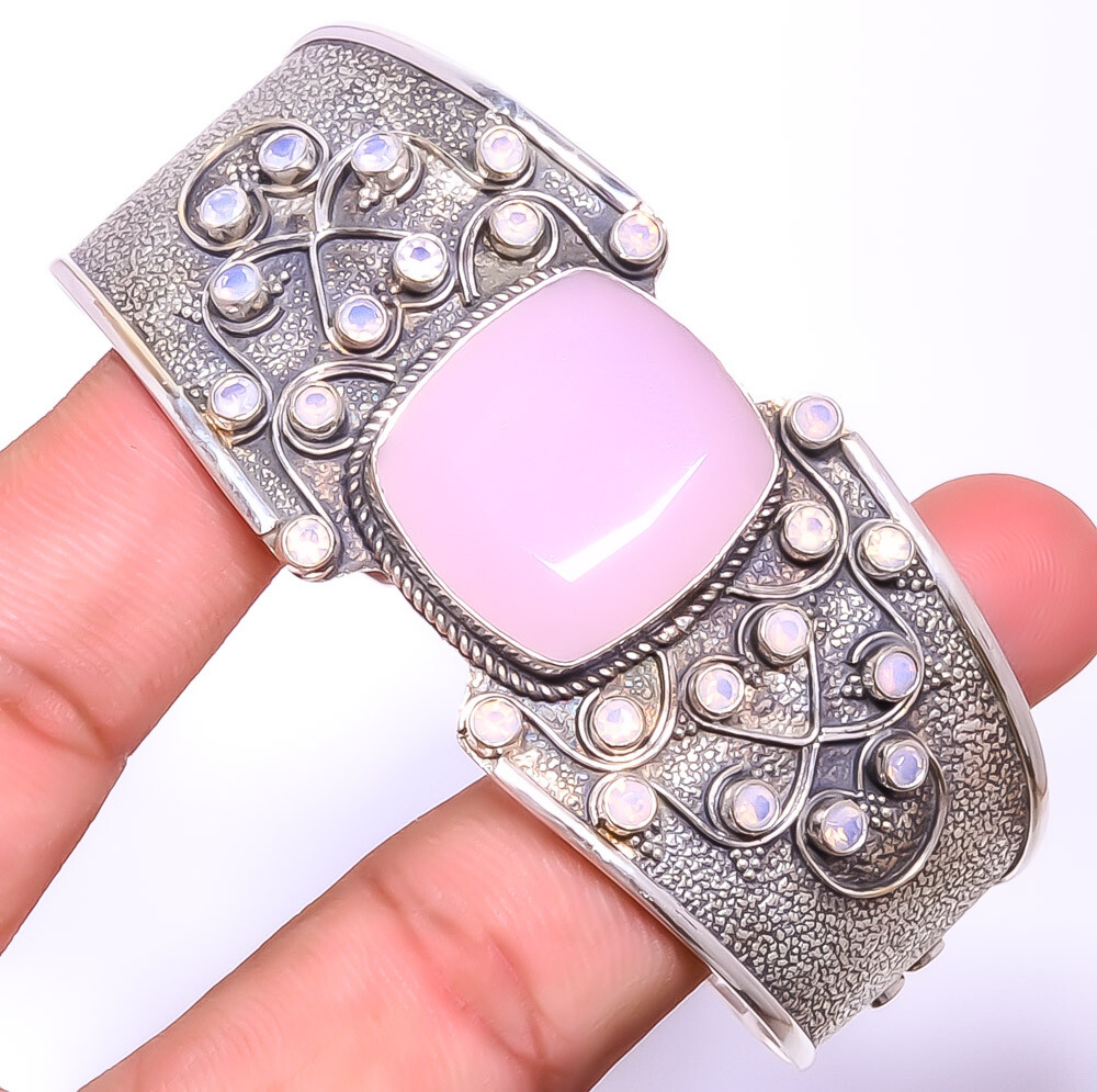 Rose Quartz & Milky Opal Gemstone 925 Sterling Silver Cuff Ad. T92 C1748-106