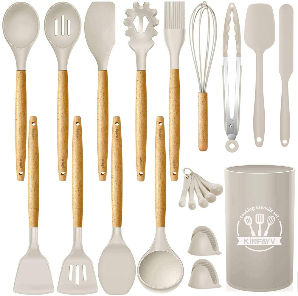 Silicone Cooking Utensils Kitchen Utensil Set, 21 PCS Wooden Handle Nontoxic ...