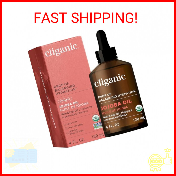 Cliganic Organic Jojoba Oil, 100% Pure (4oz) | Moisturizing Oil for Face, Hair,