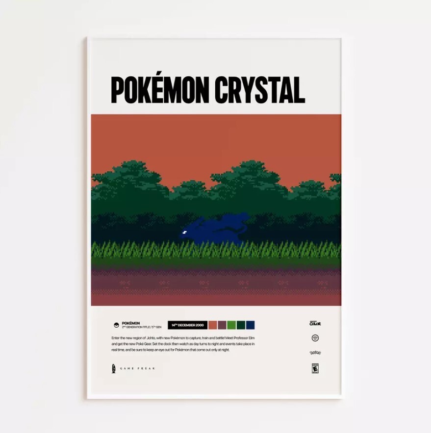 Pokémon Crystal 2000 Retro Video Game Art Poster Print