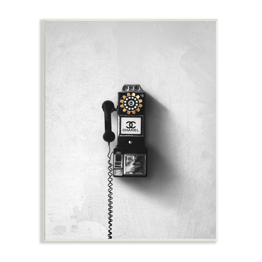 Stupell Vintage Fashion Dial Phone Glam Pop Black White Wood White 10 x 15