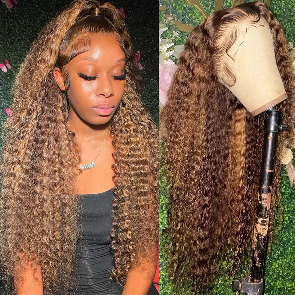 Transparent Highlight Water Wave Brazilian Human Hair Lace Front Wig Glueless