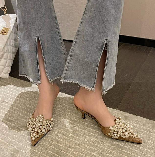 Pearls Women's Pointed Toe Mules Kitten Heels Slipper Shoes Occident Fashion SZ
