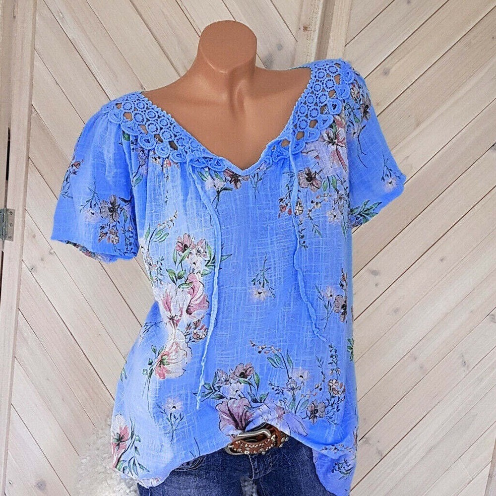 Lace Trim V-Neck Floral Print Casual Short Sleeve Top for Women