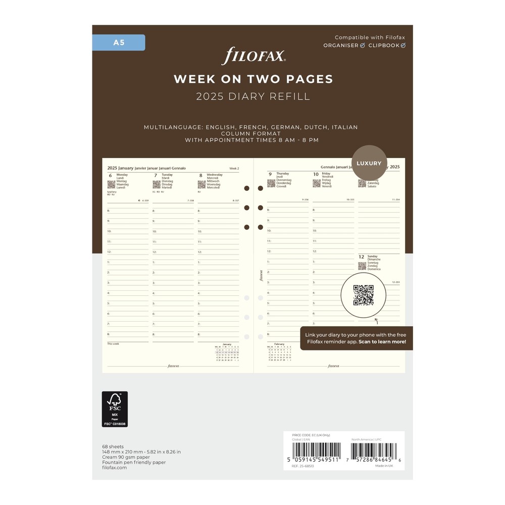 Filofax Calendar Diary Refill A5 Size Week-to-View with Appointments Cotton C...