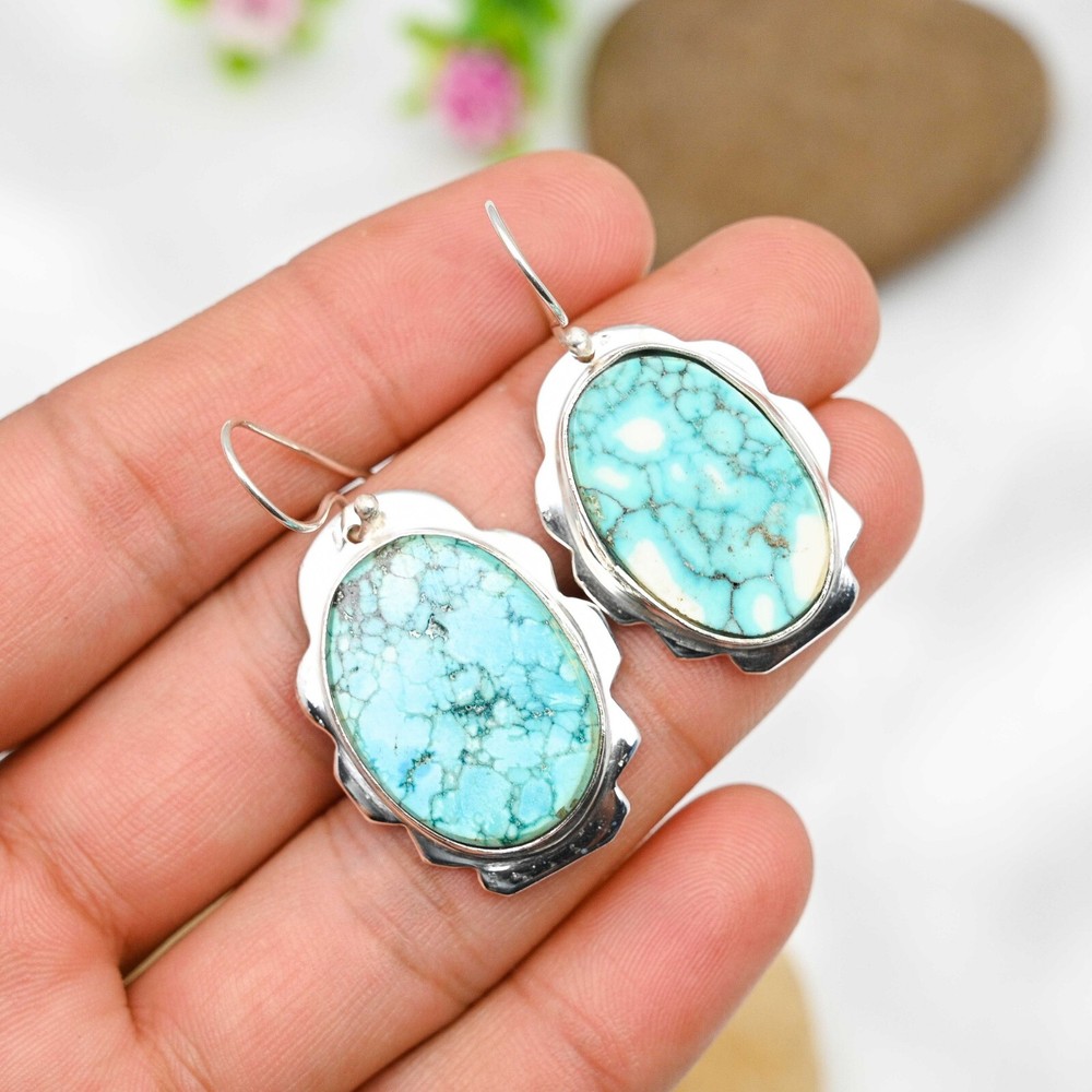 Natural Turquoise Gemstone Earrings Handmade 925 Sterling Silver Jewelry Gift