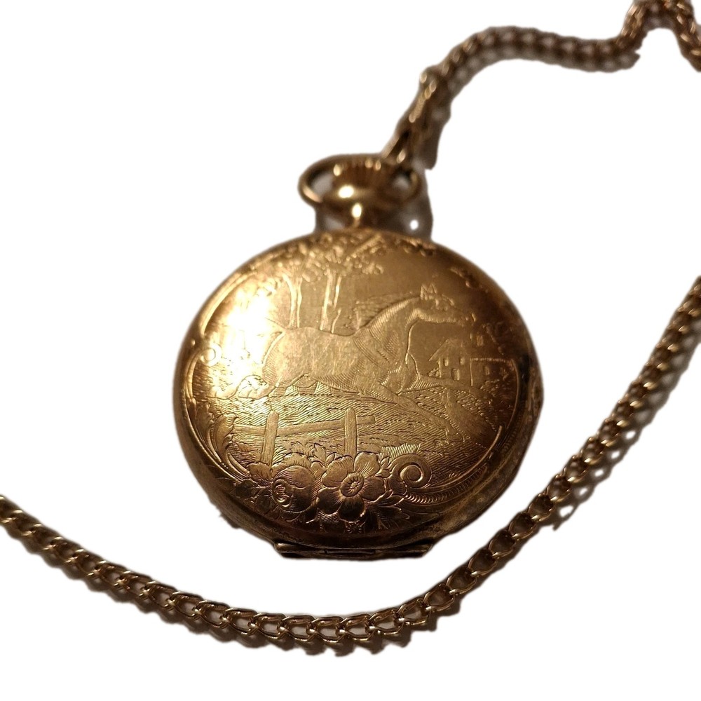 Vintage Arnex Gold Colored Pocket Watch Horse Design Watch Fob - Not Working