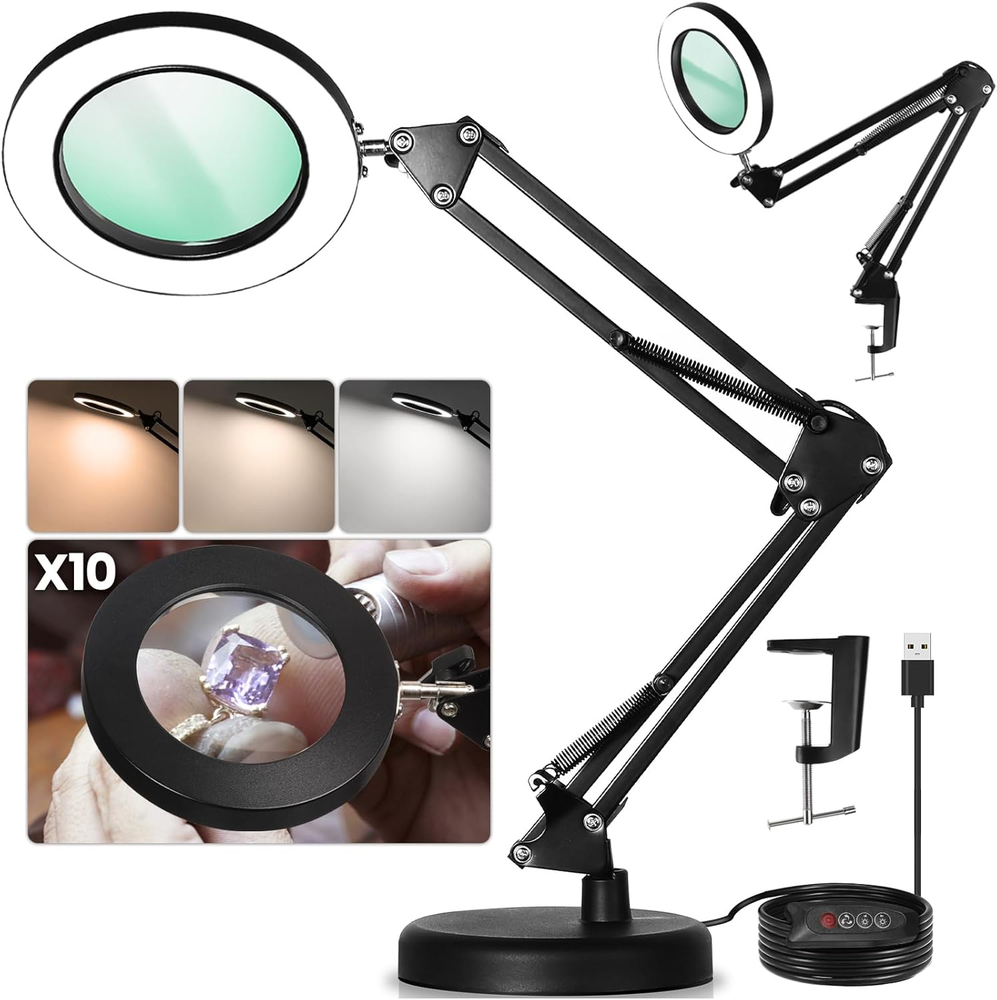 10X Magnifying Lamp with Stand 4.3 Inch Glass Lens 3 Colors 72 LED Light