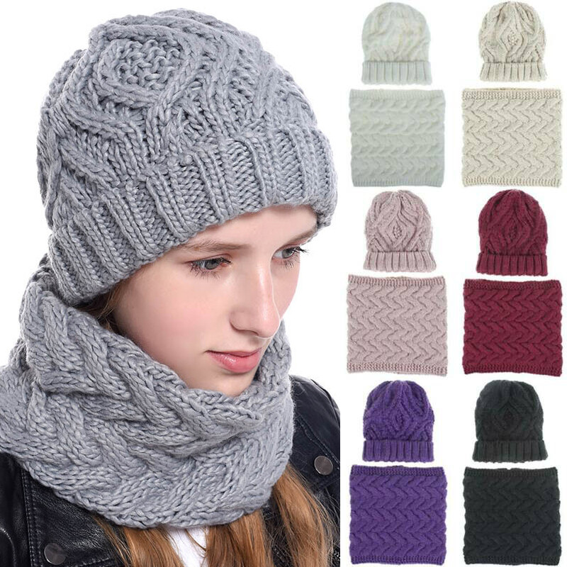 Women's Hat & Scarf Set Beanie Knitted Snood Neck Warmer Winter Wool Thermal Cap