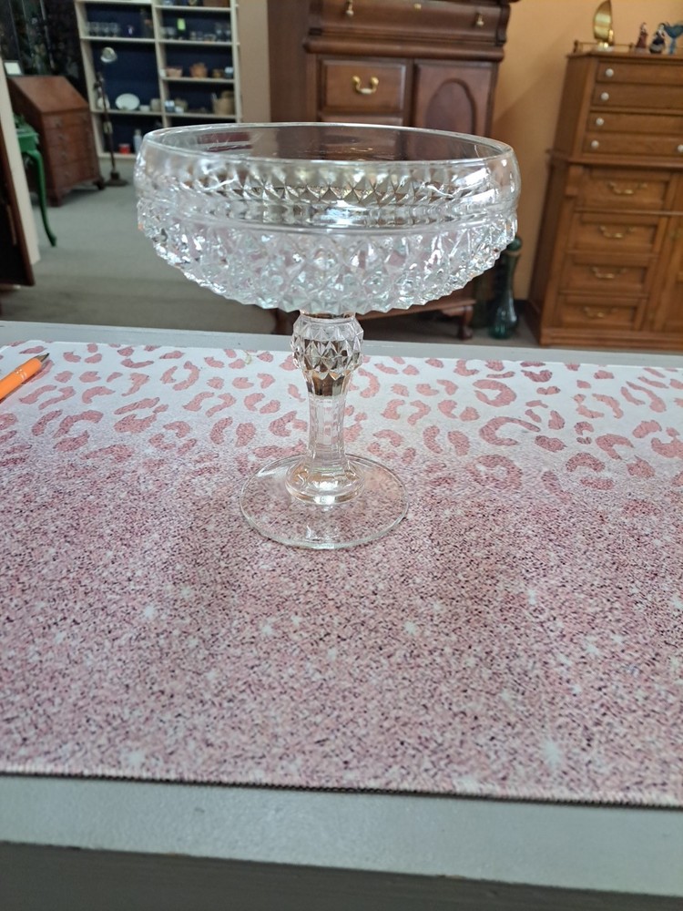 Vintage Indiana Glass Clear Diamond Point Pedestal Candy Dish Compote