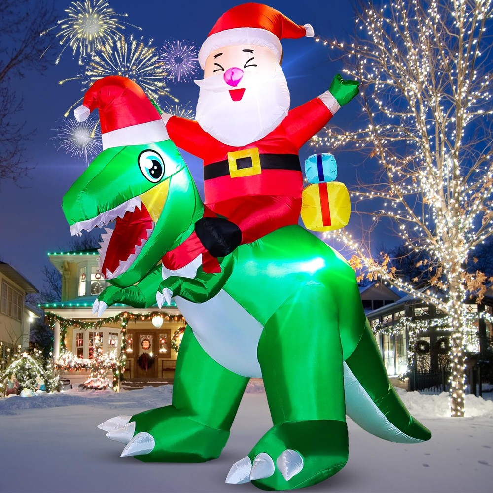 Christmas Inflatables Santa Outdoor Decorations: 7FT Cute Santa Riding Dinosa...