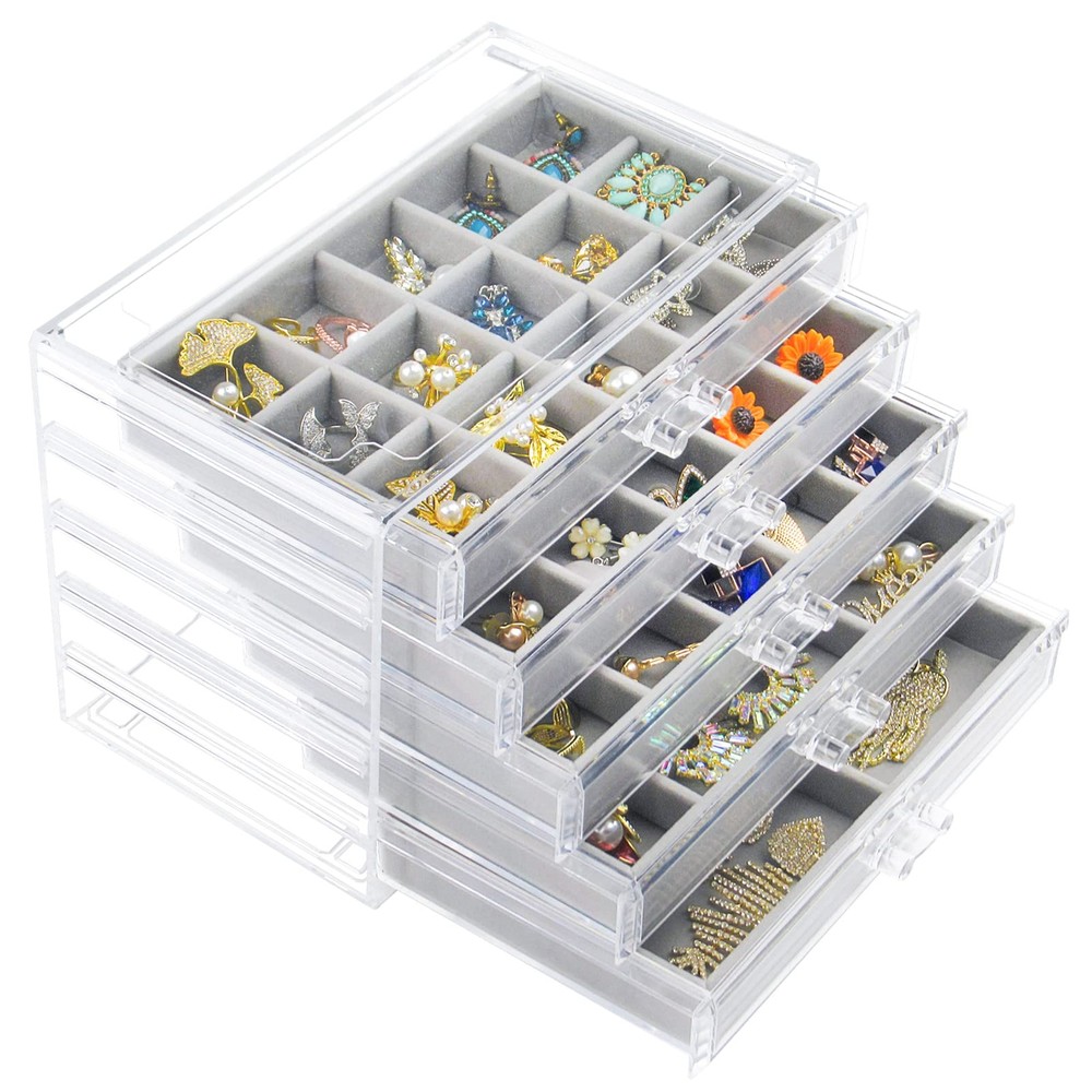 Acrylic Jewelry Box with 5 Drawers for Earring Storage and Display Organizer