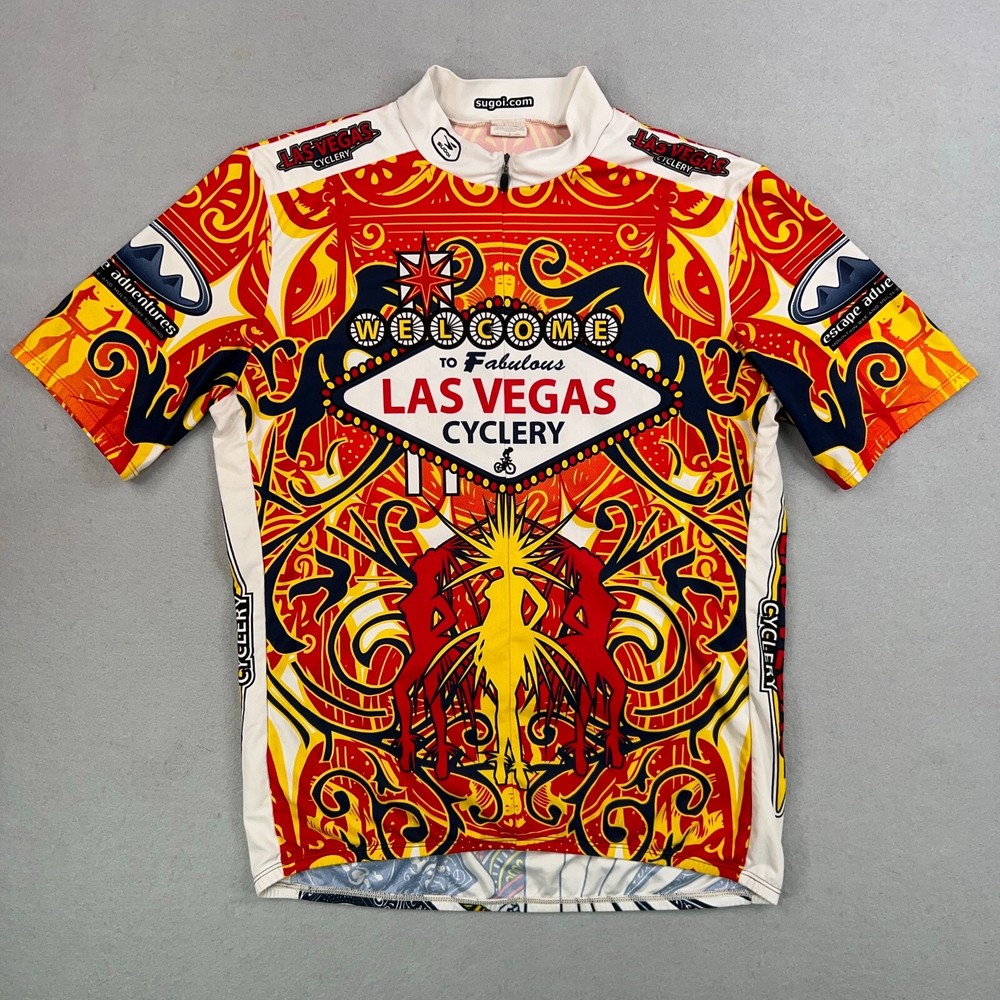 Red & Yellow Las Vegas Cycling Jersey for Men XL - Casino Theme with Showgirls & Cards