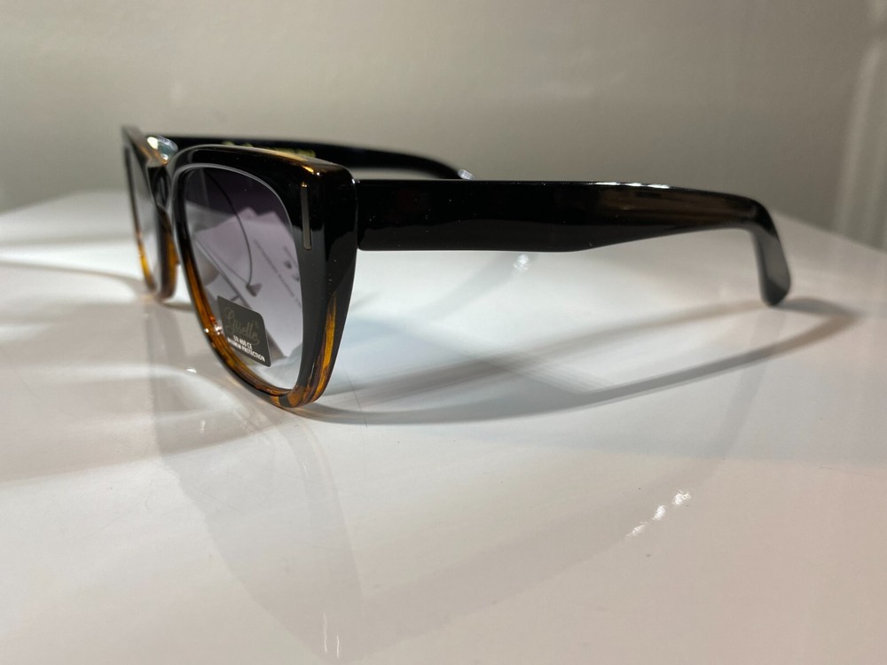 Women's designer sunglasses with multicolor frame and purple tinted lenses