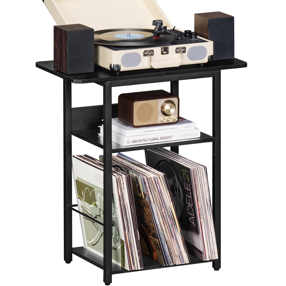 3 Tier Record Player Stand, Industrial Turntable With Storage Shelf for 100 A...