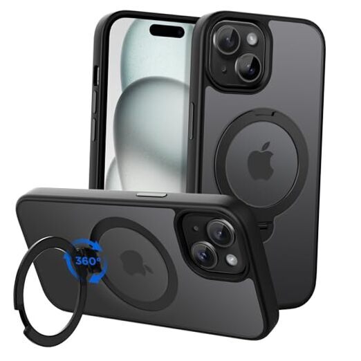Magnetic Matte Black iPhone 15 6.1 Case with 360° Rotatable Ring