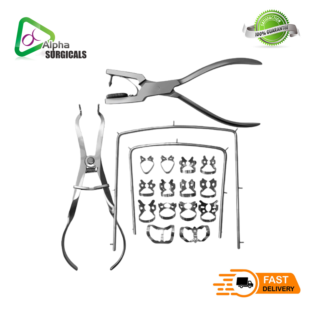 Rubber Dam Kit Starter of 18 Pcs with Frame Punch Clamps Dental Instruments Set