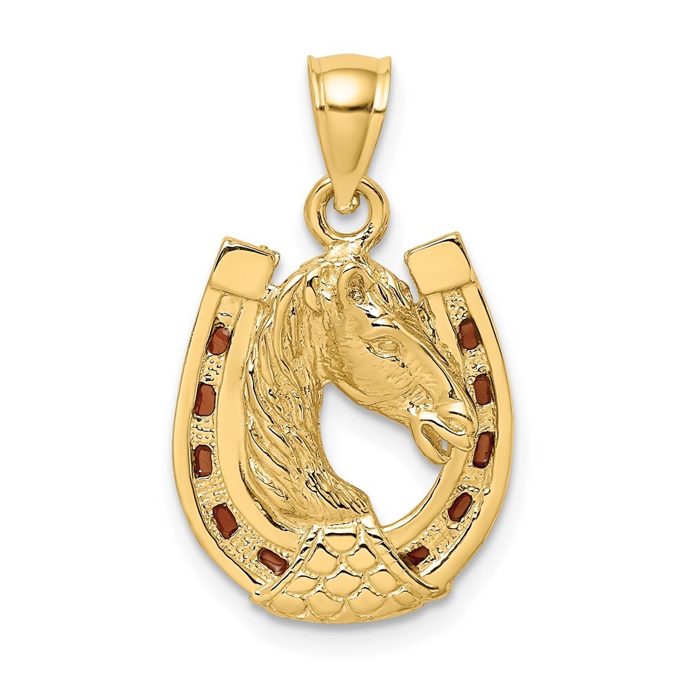 14k Yellow Gold Horse Head In Horseshoe Enameled Charm Pendant 2.36gm