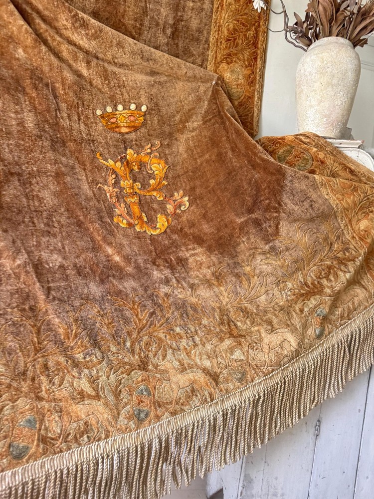 Antique Velvet Heraldic Embroidered Curtain 102x70 Arts Crafts Castlecore Decor