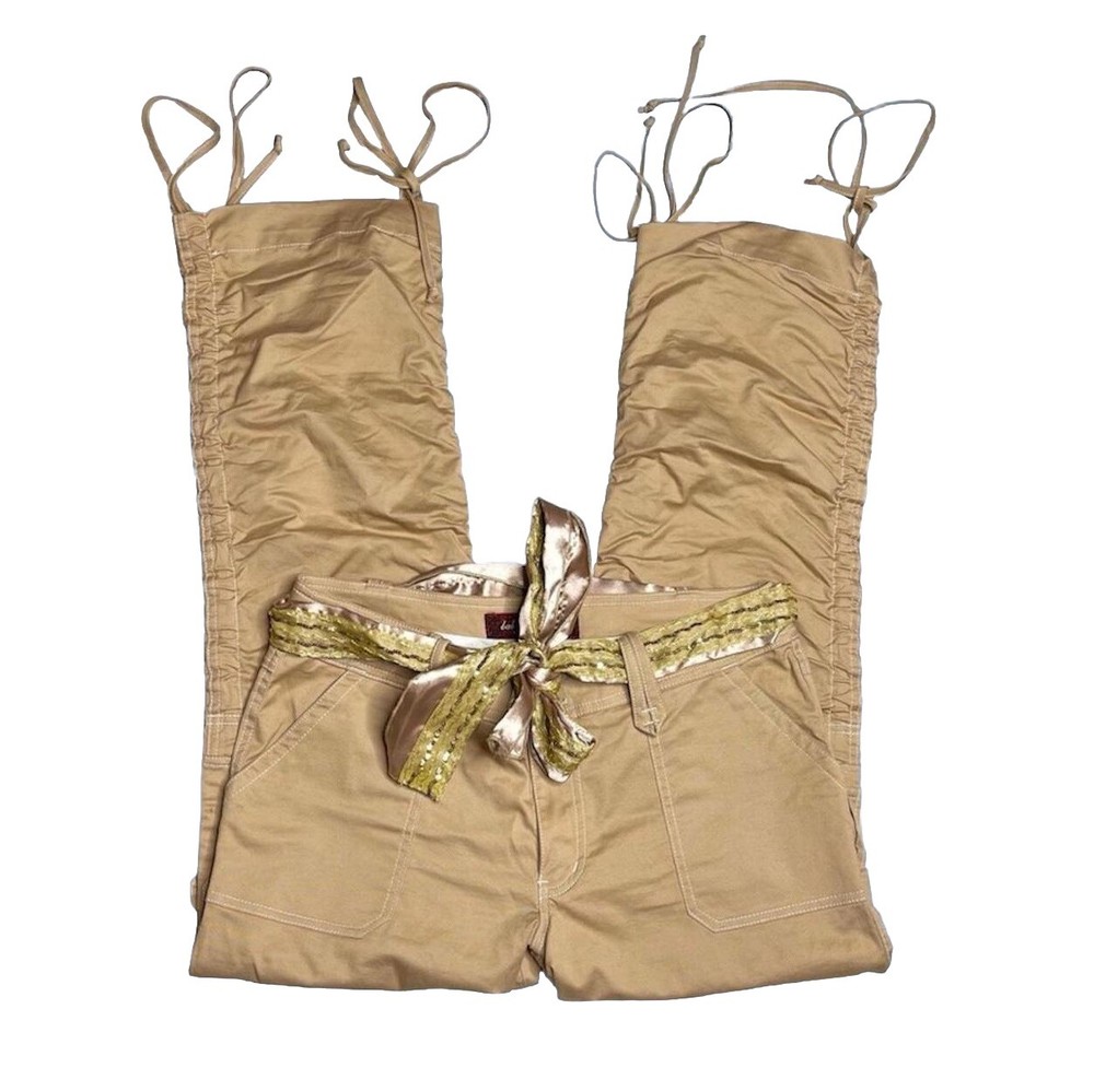 2000s Baby Phat Cargo Pants Women's Sz 9 Tan Gold Sequins Front Tie Popstar Y2K