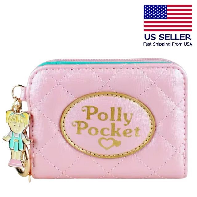 Polly Pocket Pink Quilted Logo Wallet with Vintage Kawaii Keychain Set