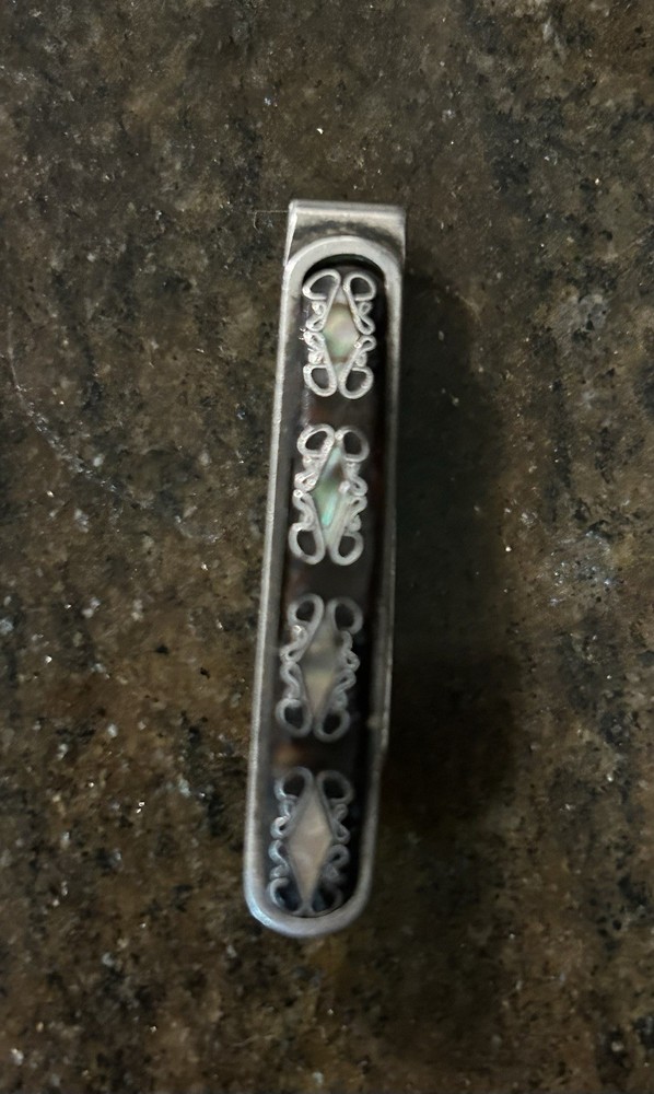 Vintage Signed PGG Mexico Sterling Silver Tie Bar with Abalone Inlay 9.5 G .