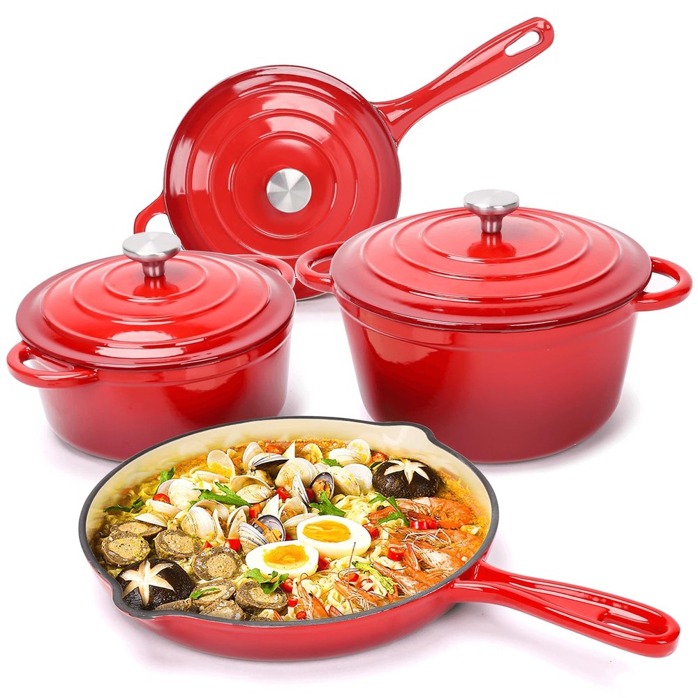 7-Piece Enameled Cast Iron Cookware Set with Dutch Oven, Sauce Pan & Skillet