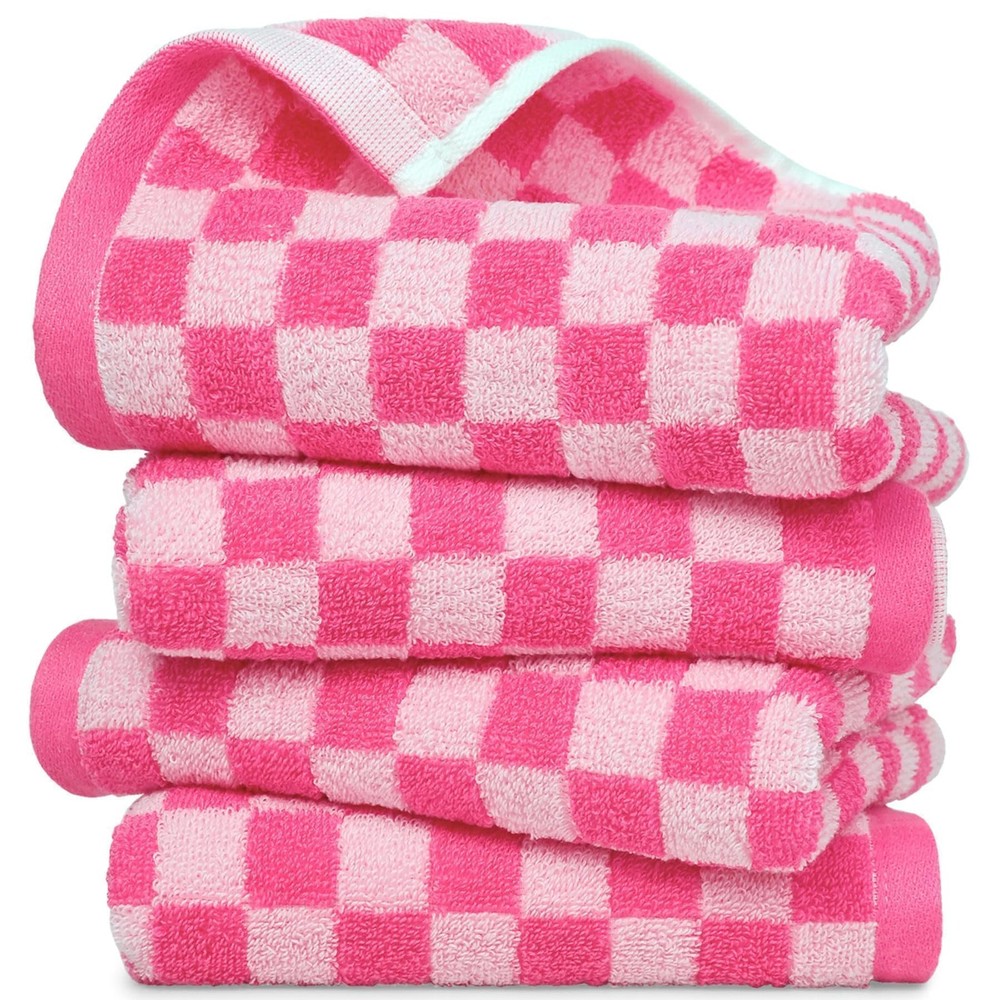 Checkered Hot Pink Cotton Hand Towels Set of 4 for Bathroom 13x20 Inches