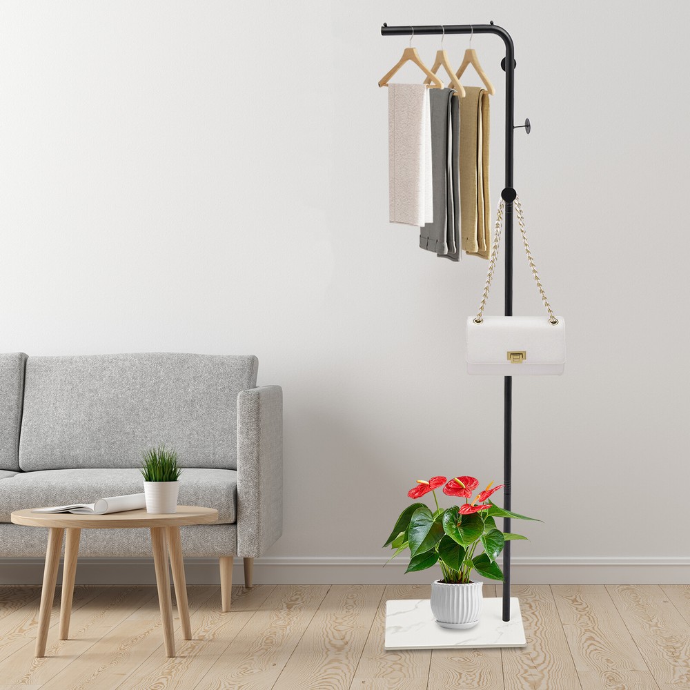 L-Shape Metal Coat Rack with Hat Bag and Umbrella Holder
