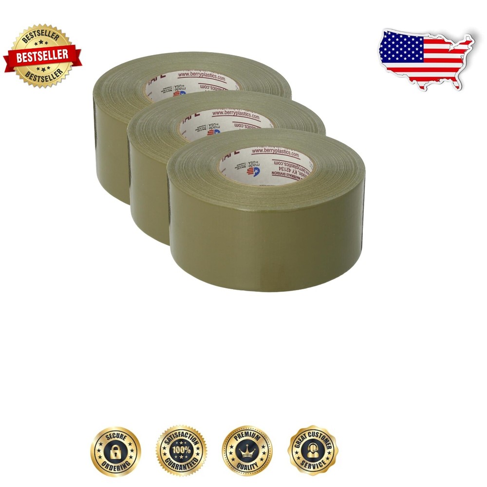 High-Performance Olive Drab Duct Tape, 3-Pack, Aggressive Adhesion & Strength