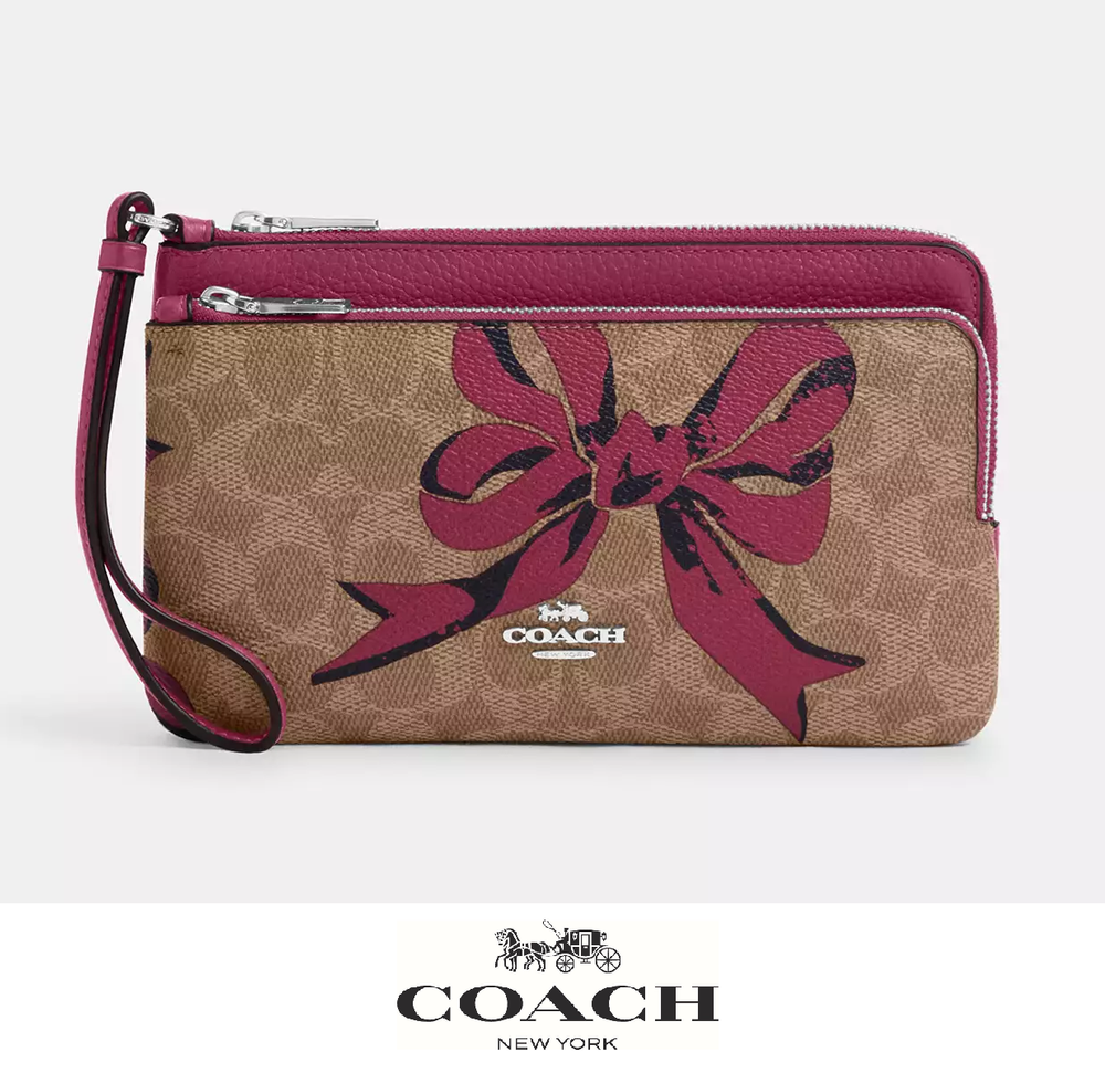 NWT Coach Signature Canvas Double Zip Wallet with Bow Print Gift Ready