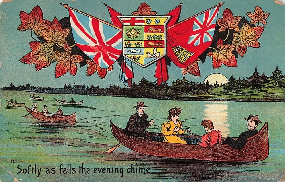 Evening Chime Canoe Scene with Canadian Flags Postcard Vintage Canada 1911