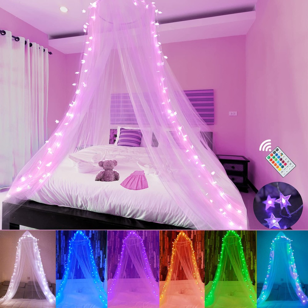 Obrecis Bed Canopy with LED Star Lights, Princess Canopy Bed Curtain with 18 ...