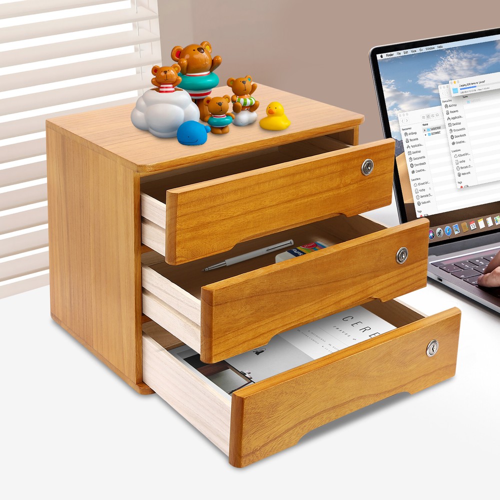 Lockable Wooden Desktop Storage Cabinet with Drawers for Organized Workspaces