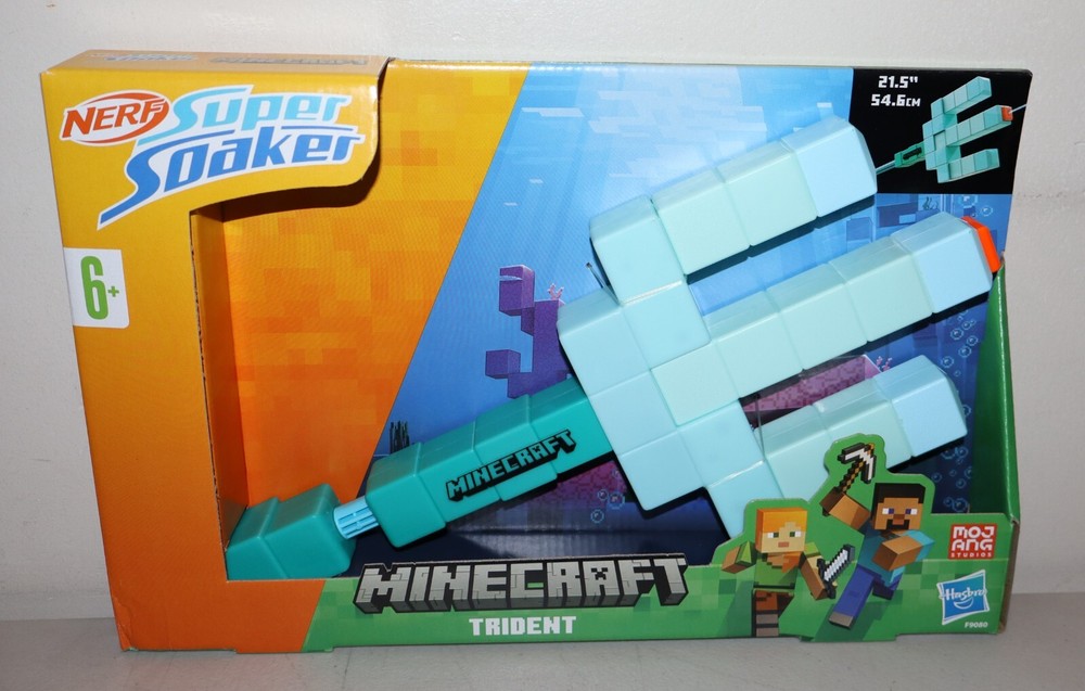 Nerf Super Soaker Minecraft Trident Water Blaster Pull Back Plunger Handle Kids