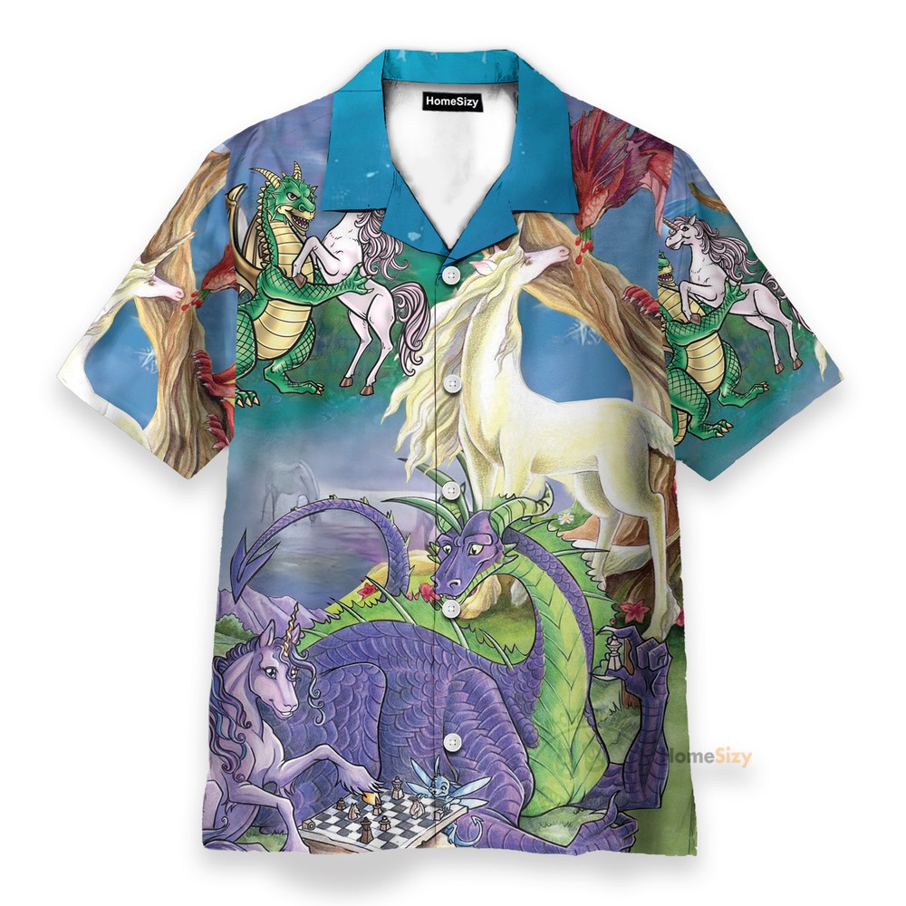 Dragon Unicorn Love Funny Buttons Up Shirts   Hawaiian Shirt