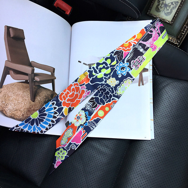 Pure Silk Scarf with Ribbon Flower Print Fashionable Headband or Neck Tie 86x5cm