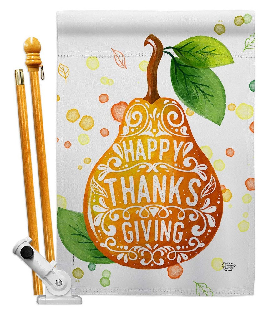 Happy Thanks House Flag Set Fall Thanksgiving Turkey Give Gobble Pumpkin Seas...