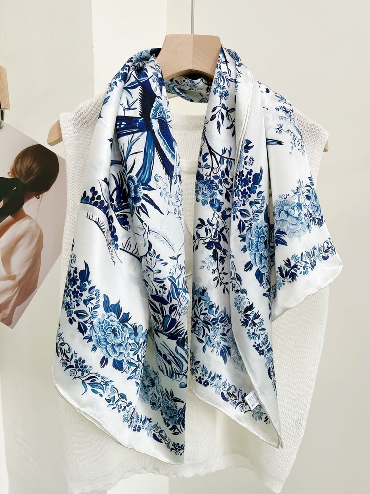 Mulberry Silk Bandanna Shawl with Birds Print in Blue 43