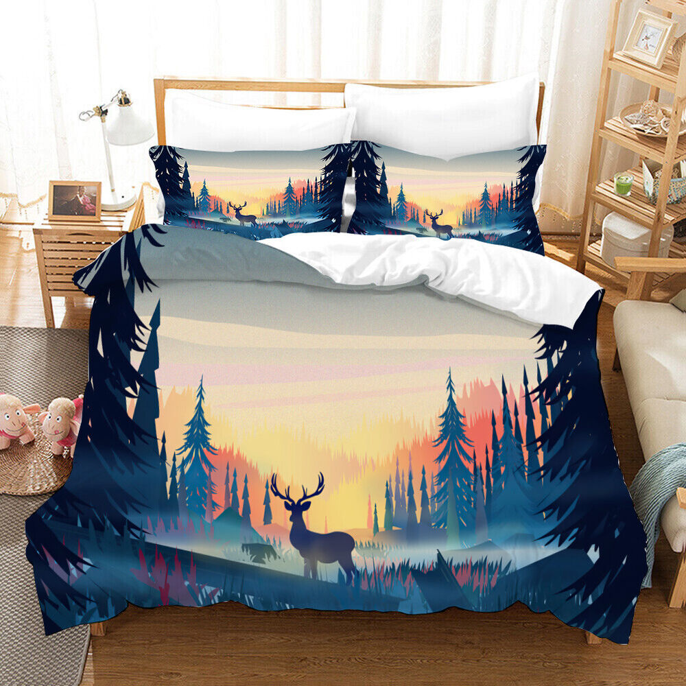 Oil Painting Forest Reindeer Duvet Quilt Cover Twin Queen Bedding Set Pillowcase