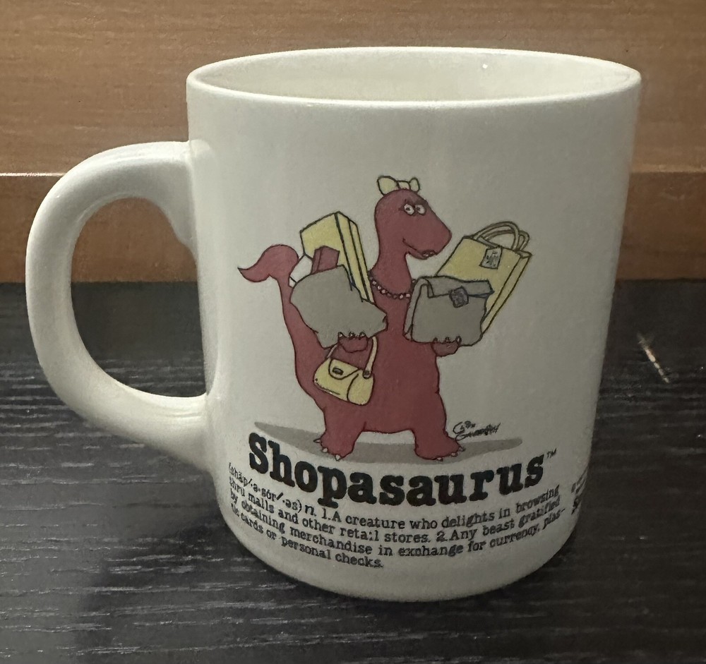 Vintage 1986 Cliff Galbraith Shopasaurus Saurus Gang Coffee Mug by Talking Tops, Retro Dinosaur Design