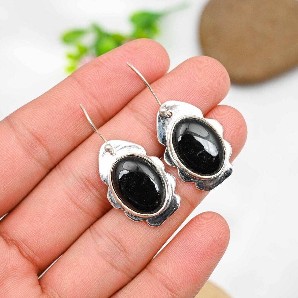 Natural Black Onyx Gemstone Earrings 925 Sterling Silver Handmade Jewelry Gift