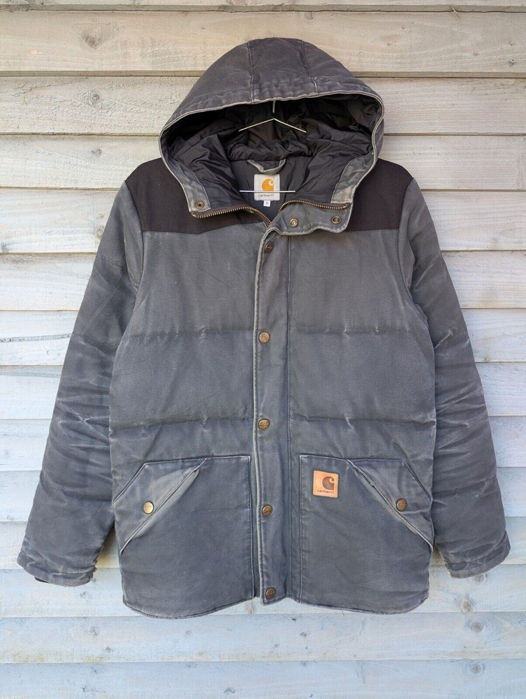 Carhartt Mens Douglas Hooded Work Jacket Medium Grey Barn Canvas Chore Coat USA Made