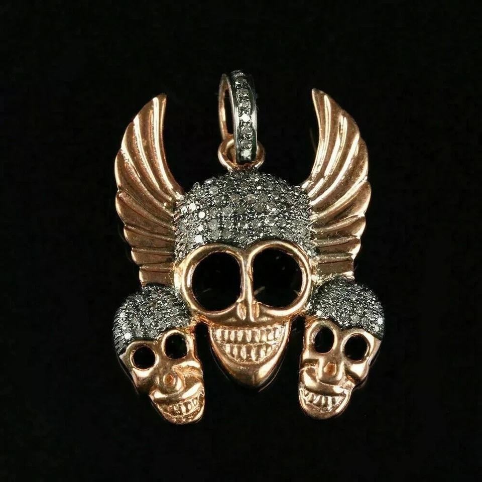 5Ct Round B&W Simulated Diamond Halloween Crown Skull Pendant 14K Rose Gold Over