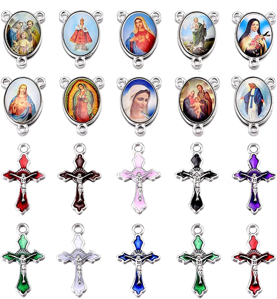84Pcs/42Sets Mix Alloy Colourful Enamel Rosary Cross and Center Miraculous Medal